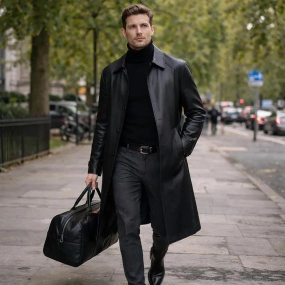 Men’s Black Genuine Leather Long Coat – Luxury Modern Winter Overcoat for Modern Gentlemen