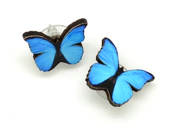 Blue Butterfly Stud Earrings - Blue Morpha Stoppers, Laser Cut on Recycled Wood - Stainless Steel Posts - Fair Trade