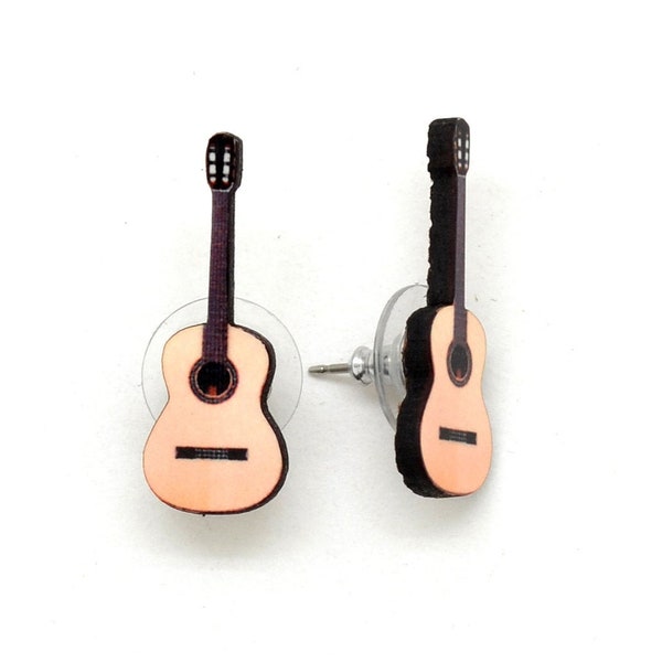 Classical Guitar Stud Earrings - Small Laser Cut on Recycled Wood - Gift for Musician or Guitarist - Fair Trade Jewelry