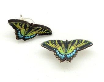 Swallowtail Butterfly Stud Earrings - Tiger Swallowtail Butterflies, Eco Friendly on Recycled Wood - Stainless Steel Posts - Fair Trade