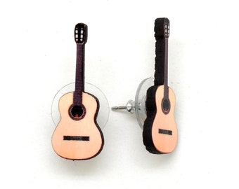 Classical Guitar Stud Earrings - Small Laser Cut on Recycled Wood - Gift for Musician or Guitarist - Fair Trade Jewelry