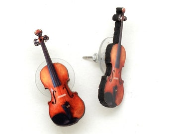 Violin Stud Earrings - Small Laser Cut on Recycled Wood - Gift for Classical Music Lover - Fair Trade