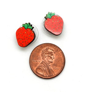 Tiny Strawberry Stud Earrings, Strawberry Earrings, Summertime Fruit Gift for Women, Gift for Vegan or Vegetarian made with Recycled Wood