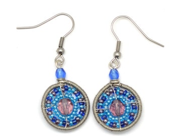 Small Beaded Earrings, Colorful Beaded Round Drop Earrings made from Seed Beads & Wire, Fair Trade Jewelry
