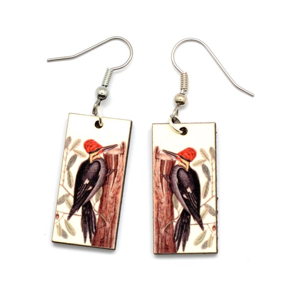 Woodpecker Earrings, Vintage Bird Illustration of Red Head Woodpecker, Perfect Gift for Bird Watchers and Lovers, Eco Friendly Dangles