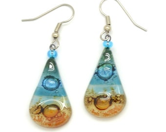 Blue Glass Teardrop Earrings, Special Gift for Mom, Fair Trade Earrings, Shiny Blue Earrings, Striped Pattern with Bubbles
