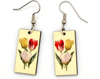 Tulip Earrings, Colorful Spring Flower Earrings with Vintage Illustration, Botanical Earrings of Tulips, Gift for Vegan Girl