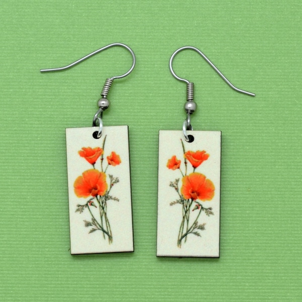 Poppy Flower Earrings | Eco-Friendly Jewelry - Botanical Earrings made with Recycled Wood | Gift for Gardnener with Vintage Style