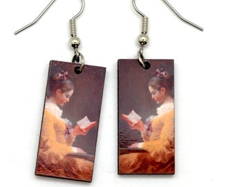 Boucles d'oreilles Fragonard, « The Reader » par Jean-Honoré, cadeau commerce équitable pour rat de bibliothèque. Boucles d'oreilles peinture célèbre