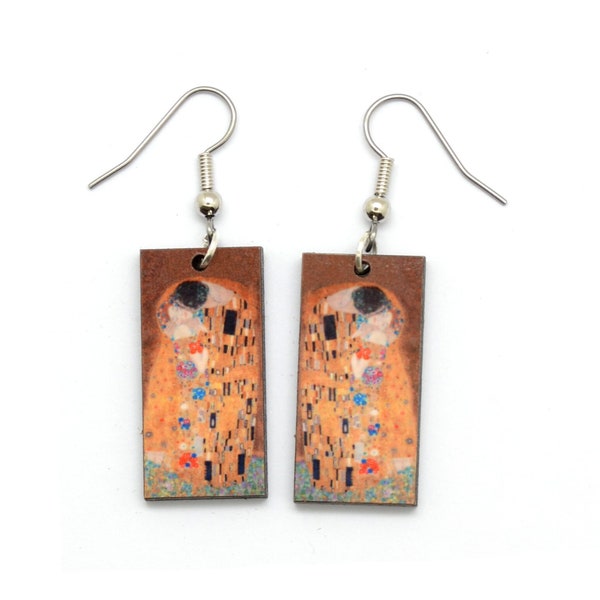 The Kiss Earrings, Gustav Klimt Dangle Earrings, Famous Love Painting for Girlfriend or Art History Teacher. Affordable Fair Trade Gift.