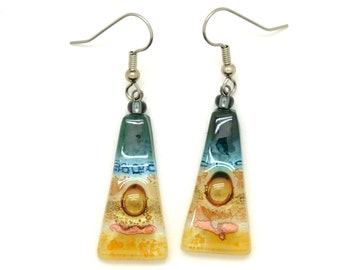 Blue & Golden Yellow Dangle Glass Earrings , Gift for Mom, Fair Trade Gift for Earth Conscious Friend, Triangle Artisan Made Earrings