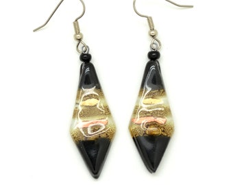 Black Glass Dangle Earrings: Sparkles with Gold Accents, Fair Trade Verified, Wear Dressy or Casual Looks