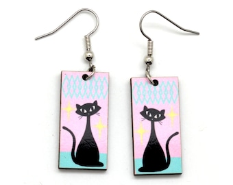 Black Cat Earrings, Mid Century Modern Atomic Cat Dangle Earrings, Affordable Gift for Cat Lover, Crazy Cat Art on Pink