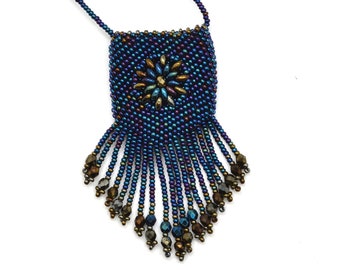 Blue Amulet Pouch, Metallic Blue & Bronze Medicine Bag Necklace with Beaded Flower Medallion, Gift for Yoga Instructor