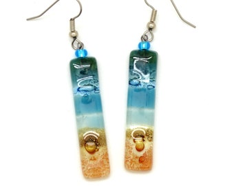 Long Rectangle Glass Earrings, Turquoise Aqua & Amber Colored Fused Glass Earrings, Skinny Glass Dangles