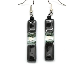 Black Earrings, Black & Silver Glass Earrings, Dressy Eveningwear Dangle Earrings, Fair Trade Jewelry for Fancy Lady