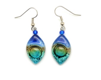 Shiny Blue Earrings, Popular Style Glass Earrings with Iridescent Colors, Fair Trade Gift for Eco Conscious Woman Friend