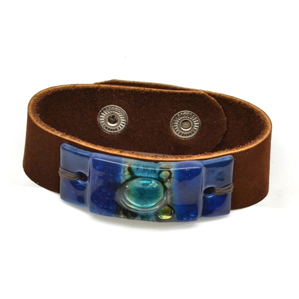 Blue Glass & Leather Bracelet | Blue and Turquoise Cuff Bracelet on Brown Suede | Snap Closures | Fair Trade Jewelry for Boho Fashionista