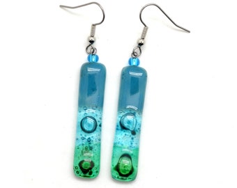 Turquoise Glass Dangle Earrings, Translucent Blue Rectangle Earrings, Fair Trade Jewelry, Ocean Colors for Warm Weather