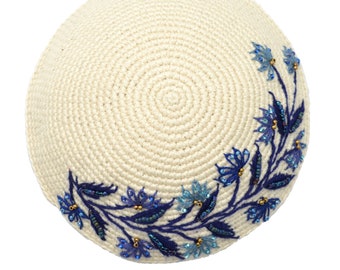 Cream & Blue Flower Kippot, Sapphire Blue Floral Womens Beaded Kippa, Kippah for Woman, Fair Trade Judaica