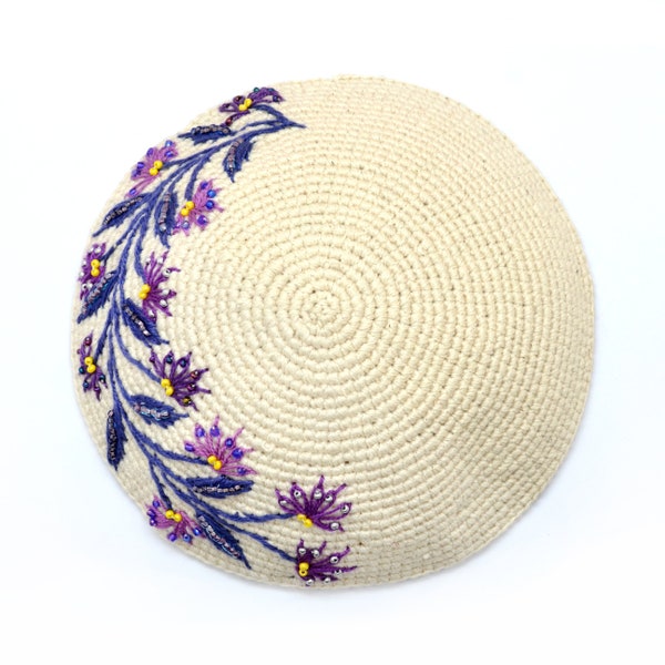 Cream & Lavender Flower Kippot, Purple Floral Womens Beaded Kippa, Kippah for Woman, Fair Trade Judaica