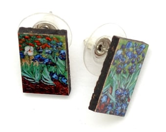 Vincent Van Gogh Earrings, Art Earrings Studs, Impressionist Painting Jewelry, Iris Flower Earrings, Eco-Friendly on Recycled Wood