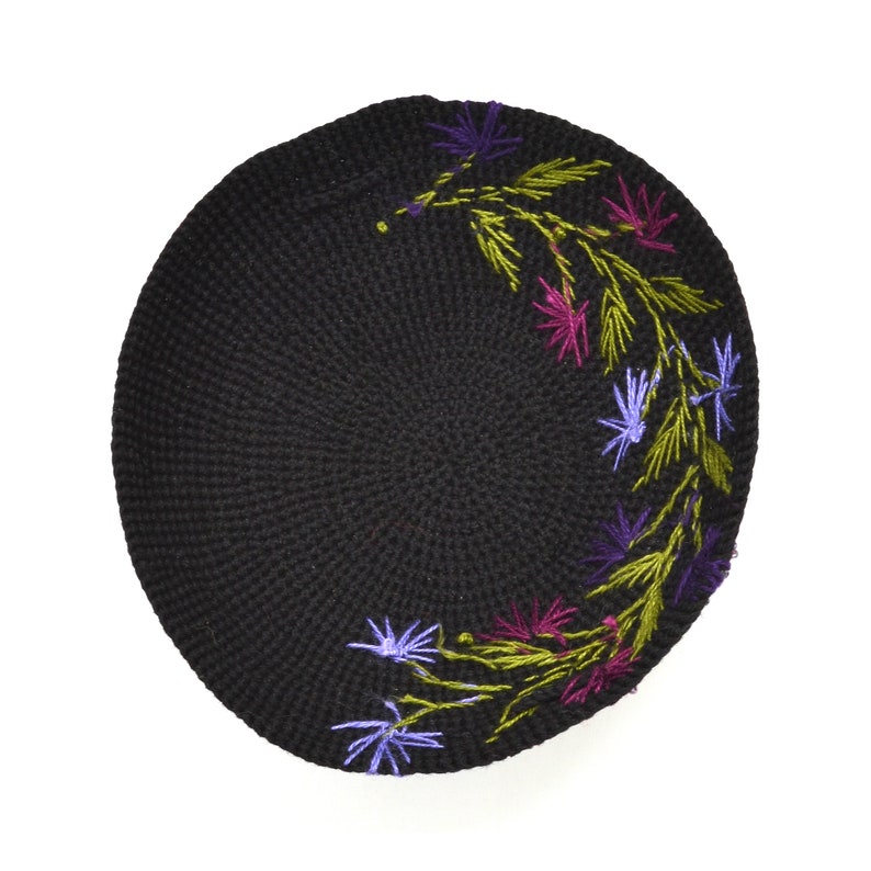 Black Embroidered Floral Kippot with Purple Flowers for Woman, Womens Crochet Kippah, Yarmulke for Special Occasion, Fair Trade Judaica image 6