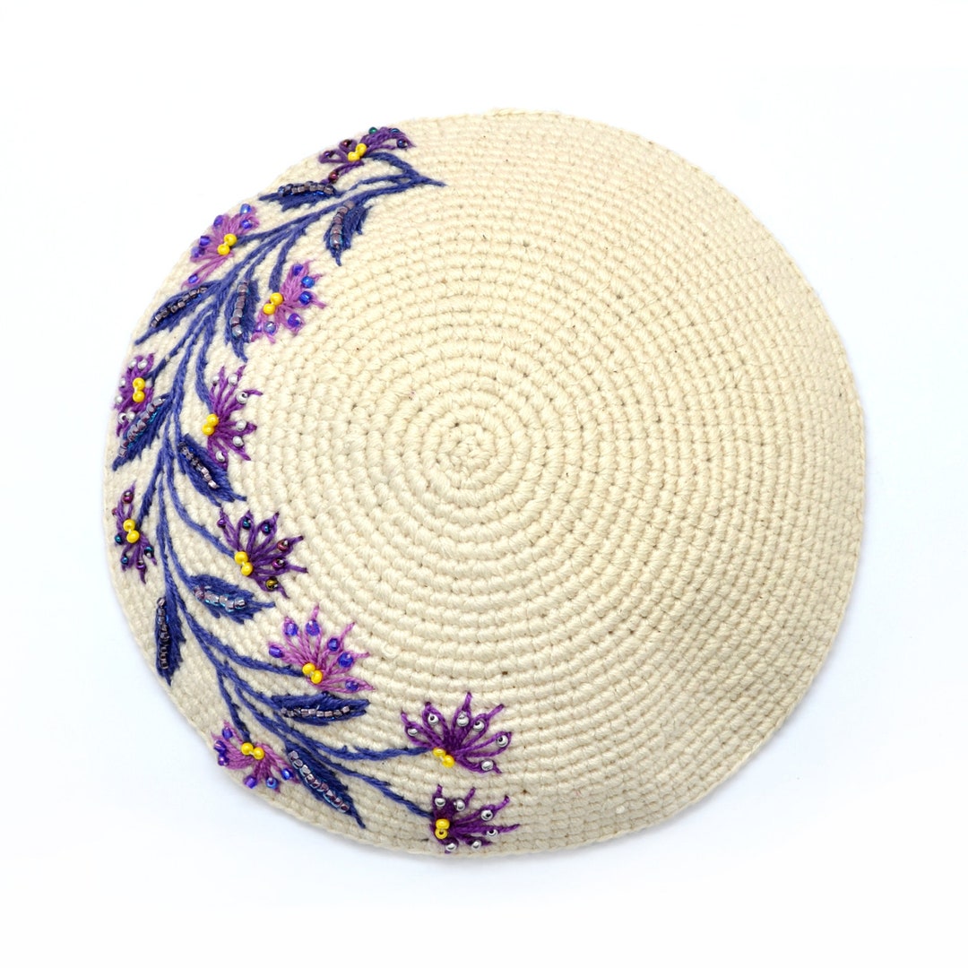 Cream & Lavender Flower Kippot, Purple Floral Womens Beaded Kippa, Kippah for Woman, Fair Trade