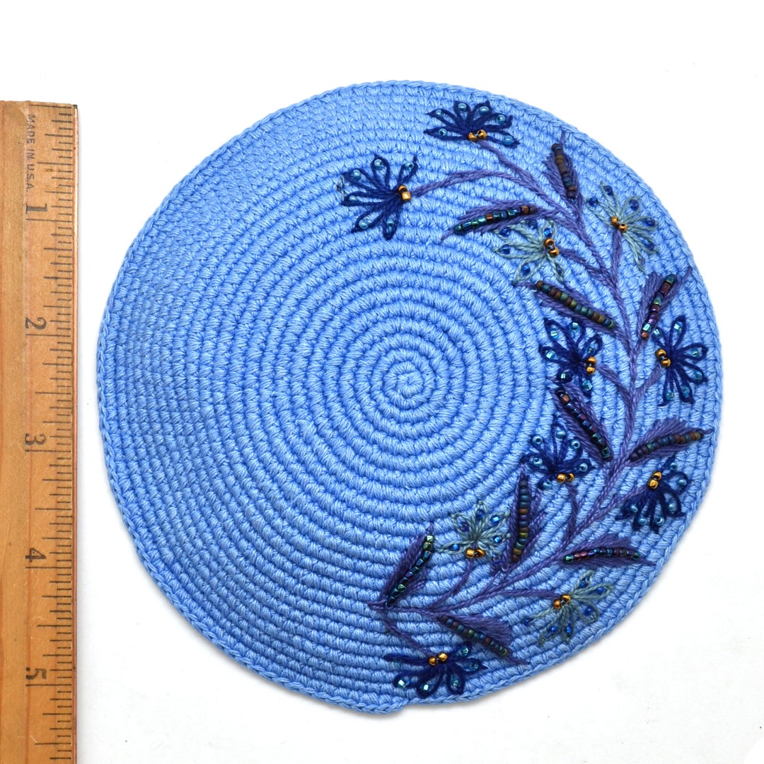 Sapphire Blue Flower Kippot for Women, Perfect Bat Mitsvah Yarmulke, Beaded & Embroidered Kippa