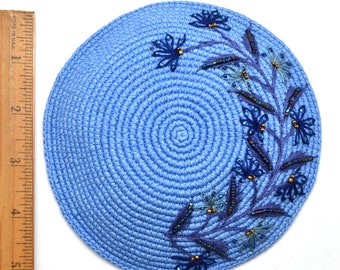 Sapphire Blue Flower Kippot for Women, Perfect Bat Mitsvah Yarmulke, Beaded & Embroidered Kippa, Fair Trade Judaica