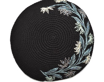 Embroidered Flowers Kippot with Black & Grey Neutral Colors, Womens Crochet Beaded Floral Kippah, Fair Trade Judaica