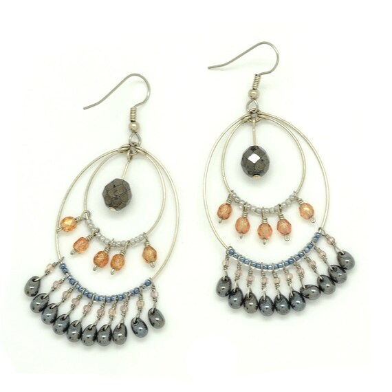 Teardrop Beaded Wire Chandelier Earrings Large Oval Hoop Image 0