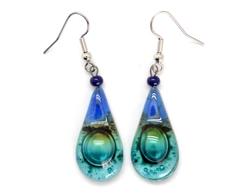 Fused Glass Teardrop Earrings – Turquoise & Cobalt Blue Dangle Earrings, Fair Trade Handmade Jewelry, Unique Artisan Gift for Her