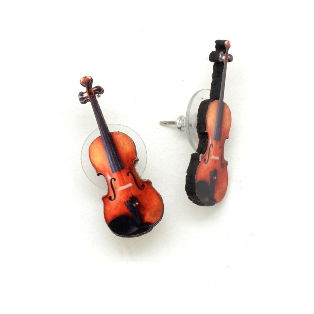 Violin Stud Earrings Small Laser Cut on Recycled Wood Gift for