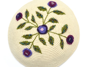 Purple Embroidered Crochet & Beaded Kippa for Women, Cream Color with Lavender Flower Kippot for Ladies