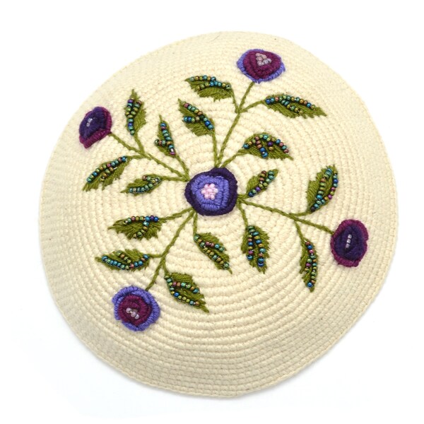 Purple Embroidered Crochet & Beaded Kippa for Women, Cream Color with Lavender Flower Kippot for Ladies