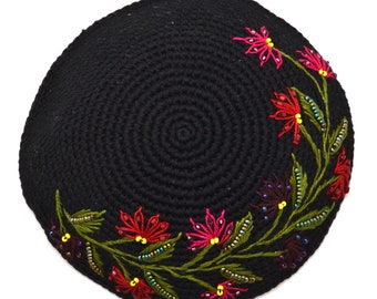 Embroidered Flowers Kippot - Black & Red, Womens Crochet Beaded Floral Kippah, Fair Trade