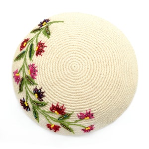Floral Womens Kippot - Cream White and Red Crochet & Beaded Kippa, Womens Yarmulke, Woman Kippah, Fair Trade