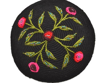 Black Ladies Kippah with Embroidered & Beaded Red Roses | Crochet Flower Yarmulke for Women