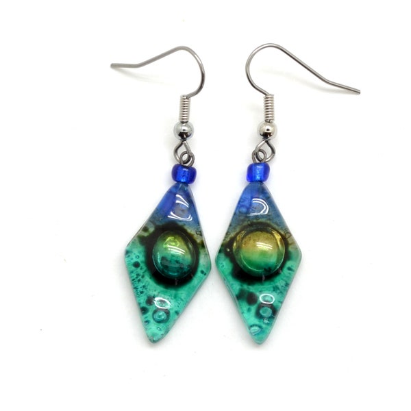 Small Glass Earrings, Diamond Shape Dangle Earrings, Lightweight with Many Colors including Blue, Black & Green, Fair Trade Jewelry