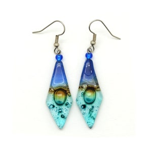 Cobalt Blue & Turquoise Glass Dangle Earrings - Long Arrow Shape Fused Glass Earrings for Summer Flirty Fun. Fair Trade Jewelry
