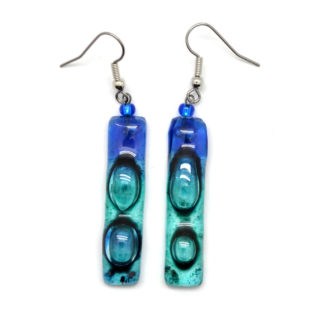 Long Glass Earrings Blue Fused Glass Earrings, Best Selling Blue Dangle