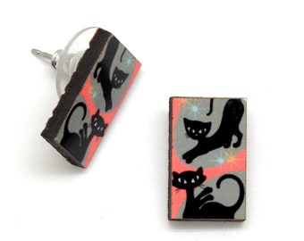 Atomic Cat Stud Earrings, Mid Century Modern Cat Earrings, 50s Style Cat Earrings, Affordable Gift features Black Cat