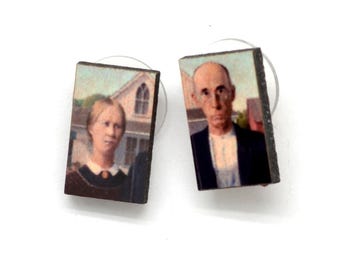 American Gothic Stud Earrings, Iconic portrait by Grant Wood on Small Earrings, Fair Trade and Lightweight.
