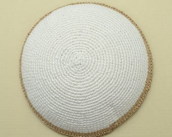 Cream & Gold Beaded Kippah, Handmade Crochet Yarmulke for Women, One-of-a-Kind Fair Trade Judaica Yarmulke