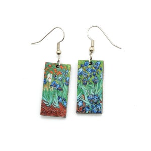 Vincent Van Gogh Iris Flower Earrings, Impressionist Painting, Fair Trade Rectangle Laser Cut Wood Dangles