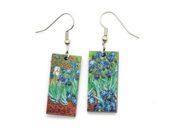 Impressionist Art Earrings | Vincent Van Gogh Iris Flower Earrings - Fair Trade Rectangle Laser Cut Wood Dangles