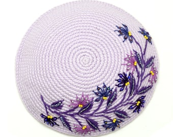 Womens Embroidered Flower Kippot - Lavender Purple Crochet and Beaded Kippa, Perfect for Bat Mitsvah Girl
