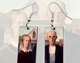 American Gothic Earrings, Grant Wood's Iconic Painting on Earrings, Americana Fair Trade Dangle Earrings