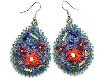Large Earrings with Beaded Flowers, Frida Kahlo Inspired Earrings, Eco Friendly Embroidered Denim Earrings, Fair Trade Earrings